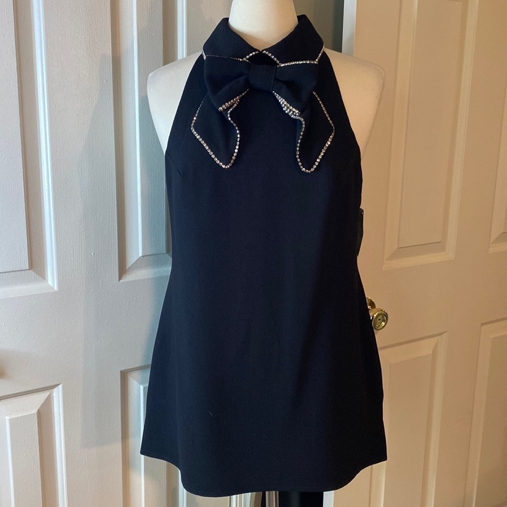 NWT Trina Turk Black & Rhinestone Bow Tie Tunic Top Size Medium - Amazing!